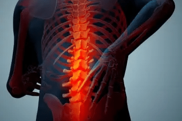 A digital illustration showing a human torso with the spine highlighted in red, indicating pain or inflammation in the lower back area.