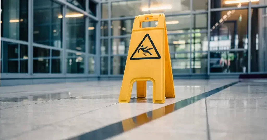 A yellow caution wet floor sign is placed on a shiny tiled floor in a modern building lobby with glass walls.