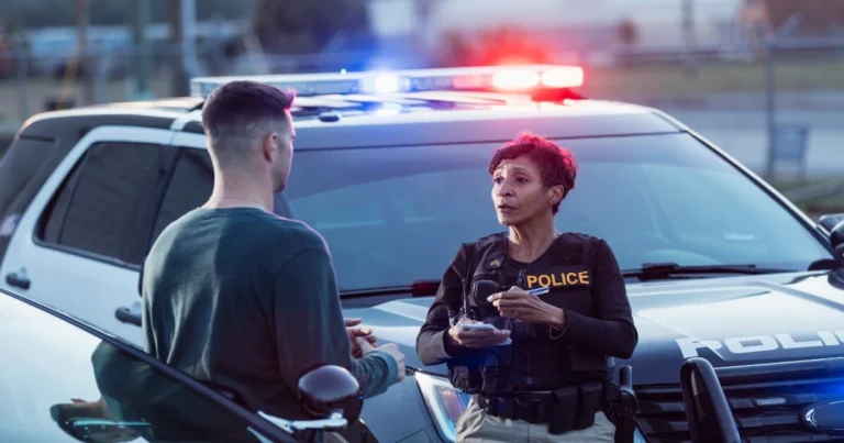 A police officer speaks with a man outside a police vehicle with flashing lights in a parking lot.