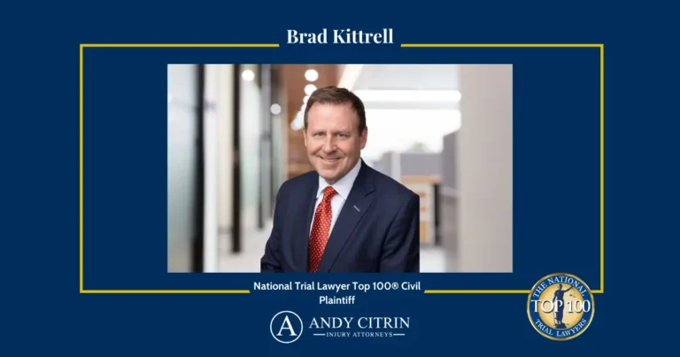 Professional headshot of Brad Kittrell in a suit, with text stating "National Trial Lawyer Top 100 Civil Plaintiff" and Andy Citrin Injury Attorneys branding.