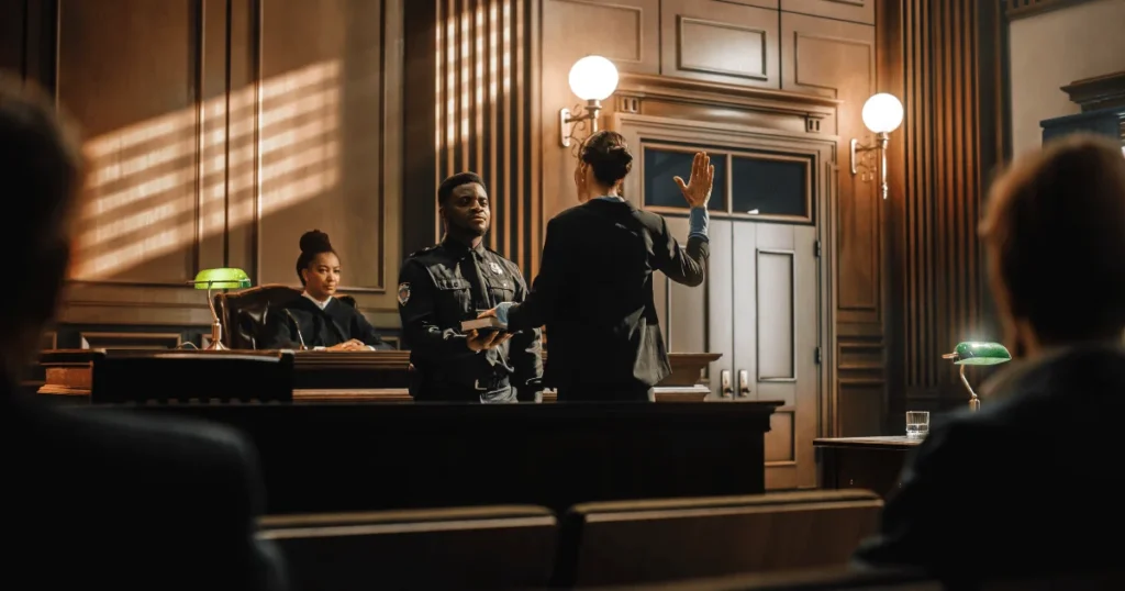 A person stands with one hand raised while being sworn in by a court officer in a courtroom, with a judge and others present.
