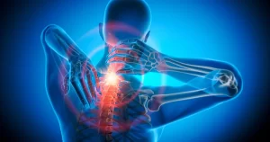 Digital illustration of a person holding their neck and upper back, showing highlighted spine and bones with a red-glowing area indicating pain or injury.