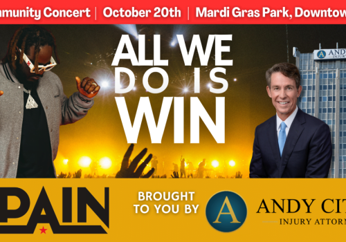 Promotional image for a free community concert on October 20th at Mardi Gras Park, Downtown Mobile, featuring T-Pain, sponsored by Andy Citrin Injury Attorneys.