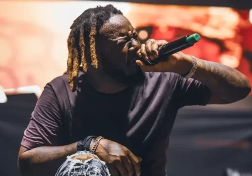 Person with dreadlocks sings into a microphone on stage, wearing a dark t-shirt and bracelets, with a blurred background.